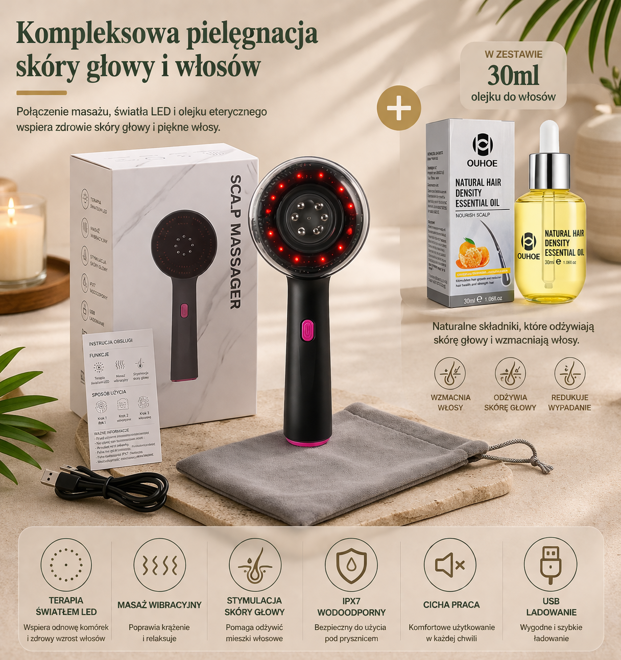 Masażer Grzebień do Skóry Głowy LED + Olejek 30ml