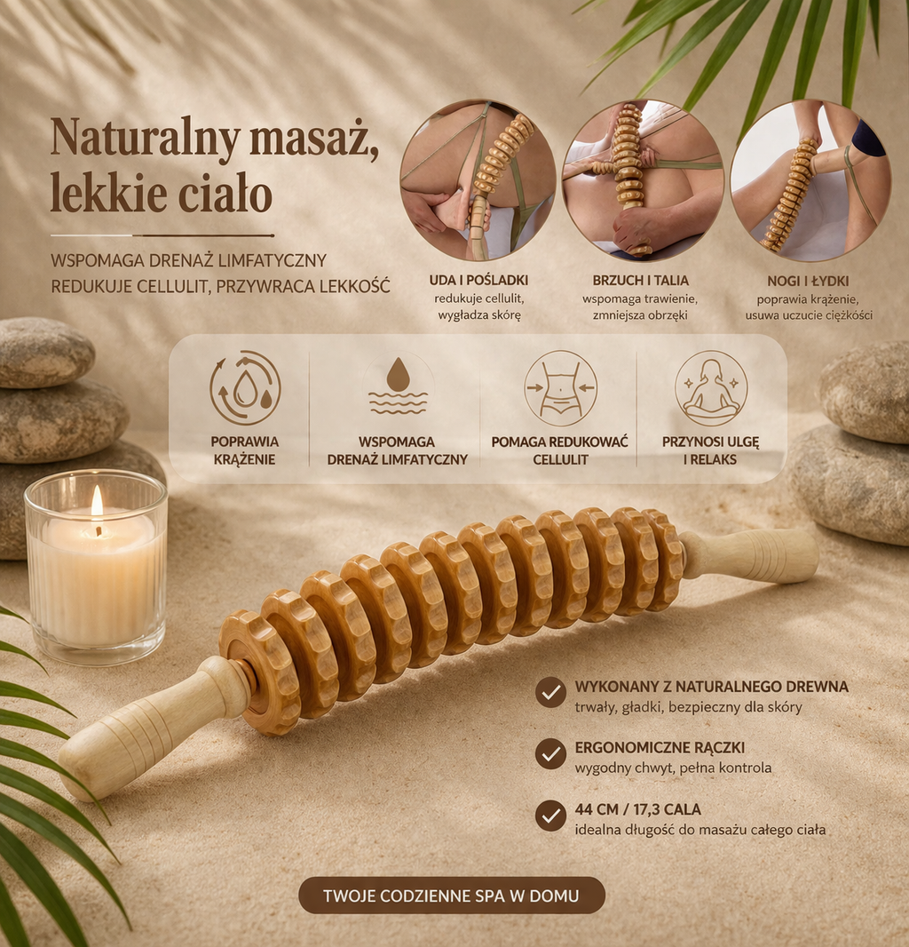 Drewniany Wałek do Masażu Ciała – Antycellulitowy Roller do Drenażu Limfatycznego