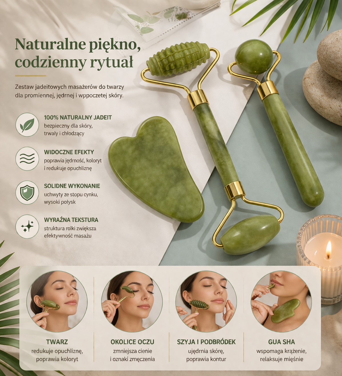 Zestaw jadeitowy – kamień Gua Sha + 2x roller do masażu twarzy