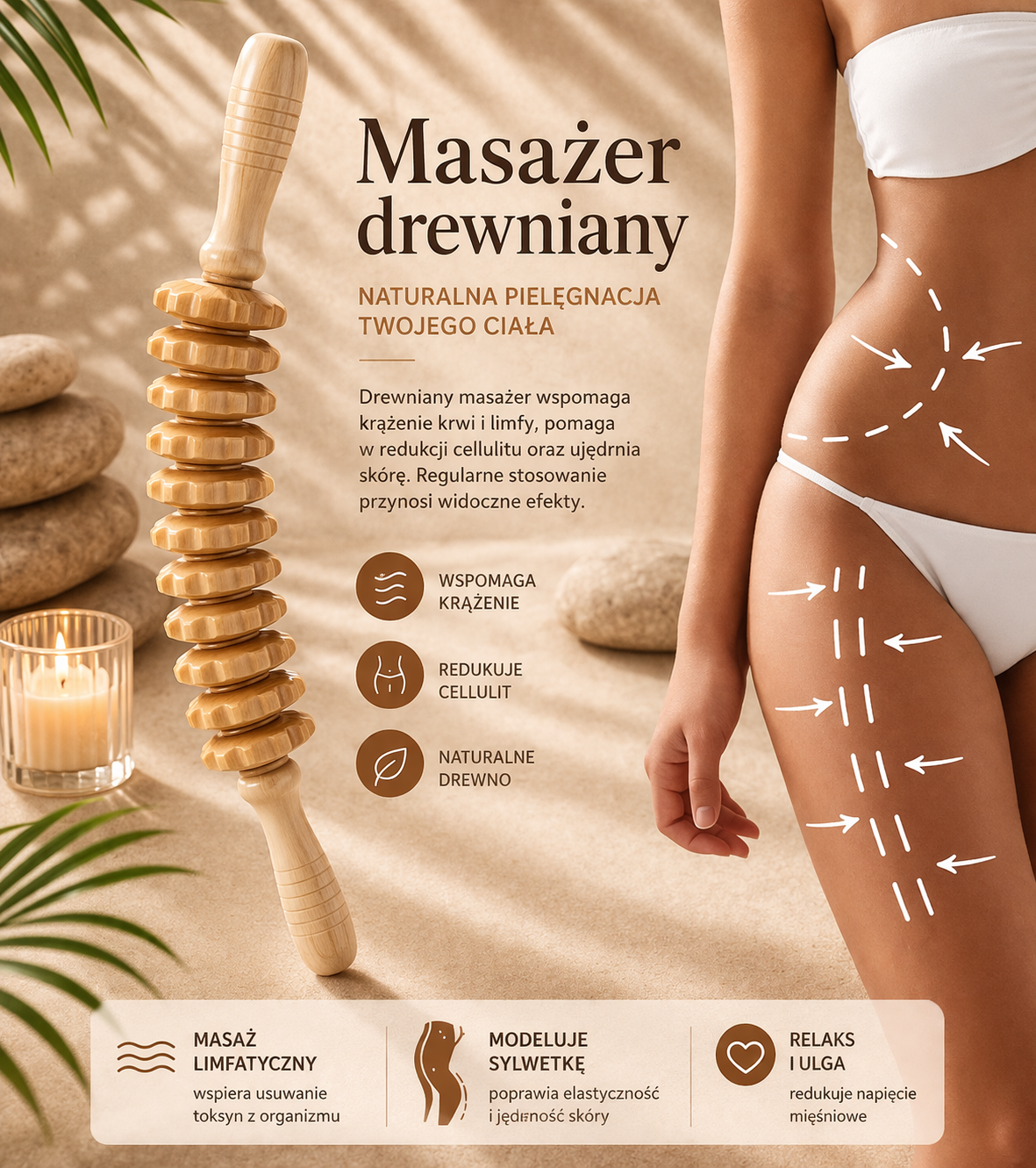 Drewniany Wałek do Masażu Ciała – Antycellulitowy Roller do Drenażu Limfatycznego