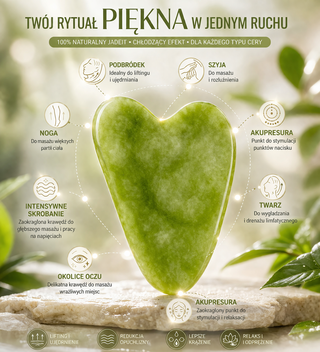 Jadeitowy kamień do masażu twarzy – Gua Sha, lifting,