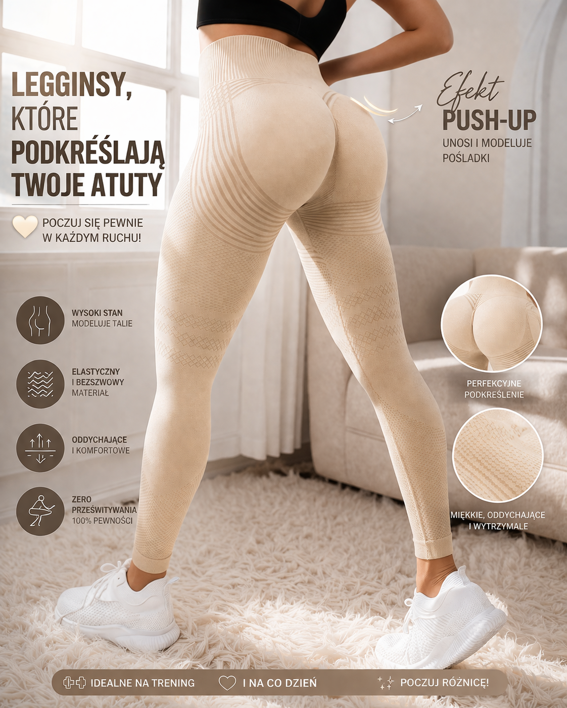 Legginsy sportowe damskie – wysoki stan, efekt push-up, modelujące sylwetkę